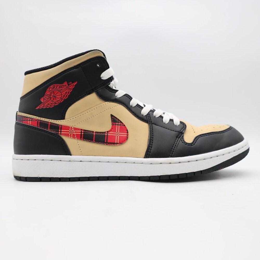Nike Air Jordan 1 Mid SE Men's 10 Tartan Swoosh Black Red Sneakers DZ5329-001